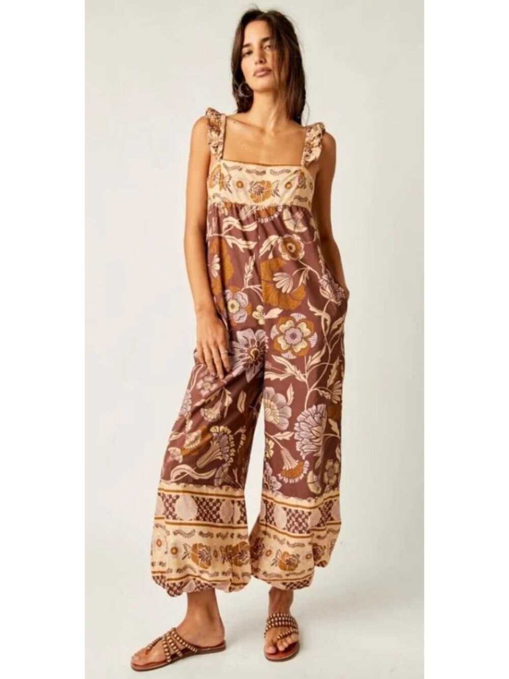 Free People Bali Albright Jumpsuit Coffee Combo Brown NWT Size XS Boho Floral